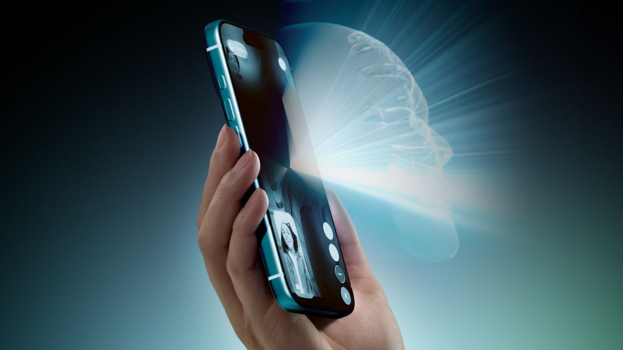 Futuristic Apple Spatial iPhone concept with 3D holographic display showing three-dimensional images without a headset